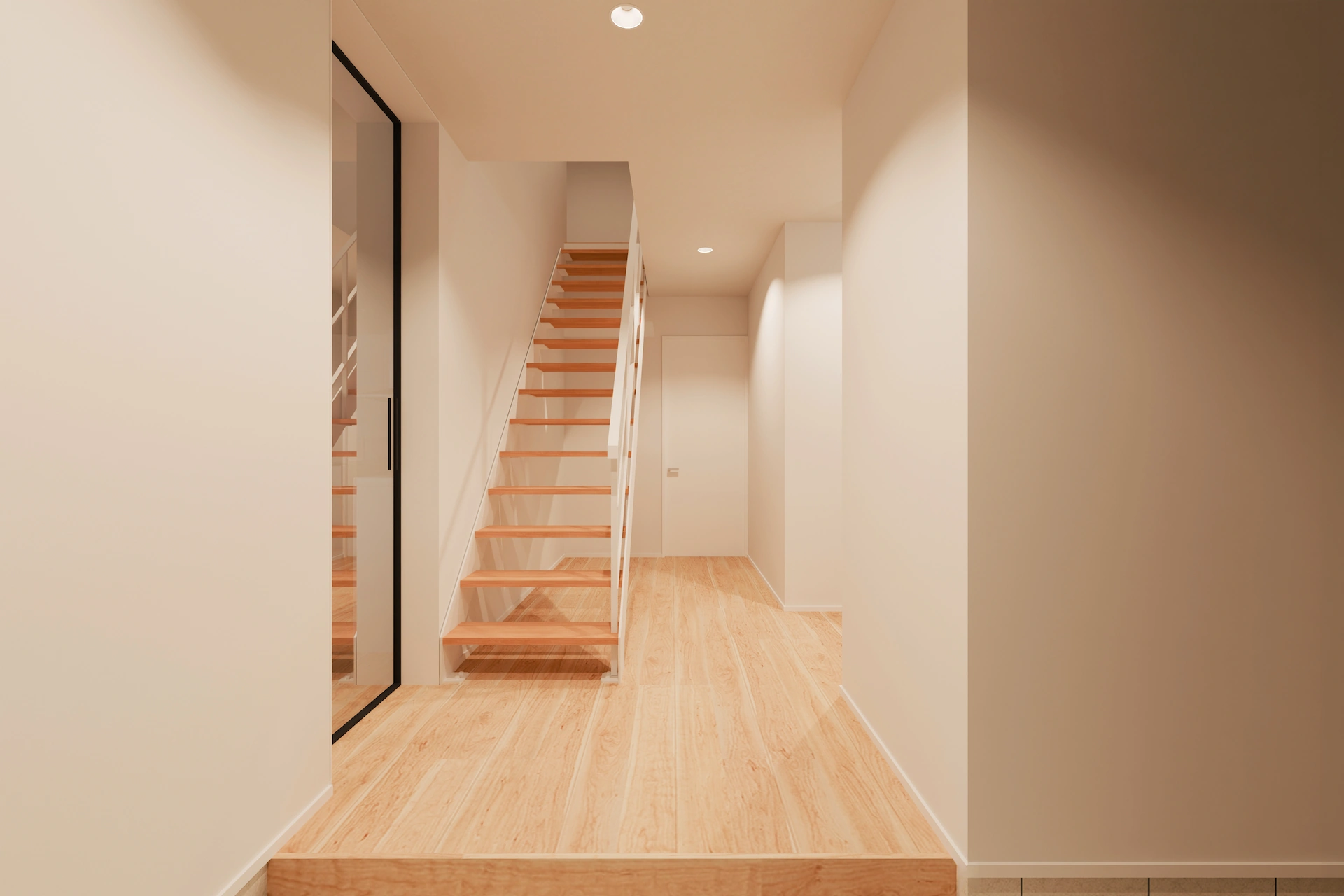 2階建てプラン02の玄関ホールと鉄骨階段